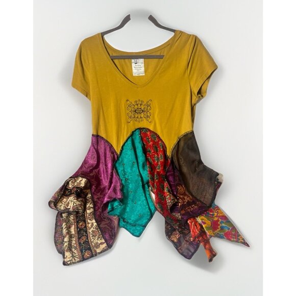 Upcycled Tunic Top L Lagenlook Art To Wear Patchwork Texas Festival Ruffle.    Y - Picture 1 of 5